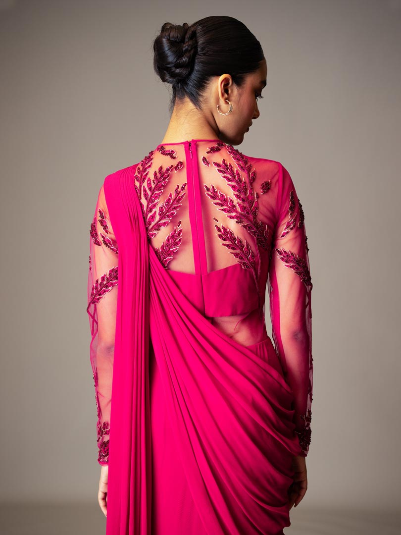 Fuchisa Embellished Saree Gown