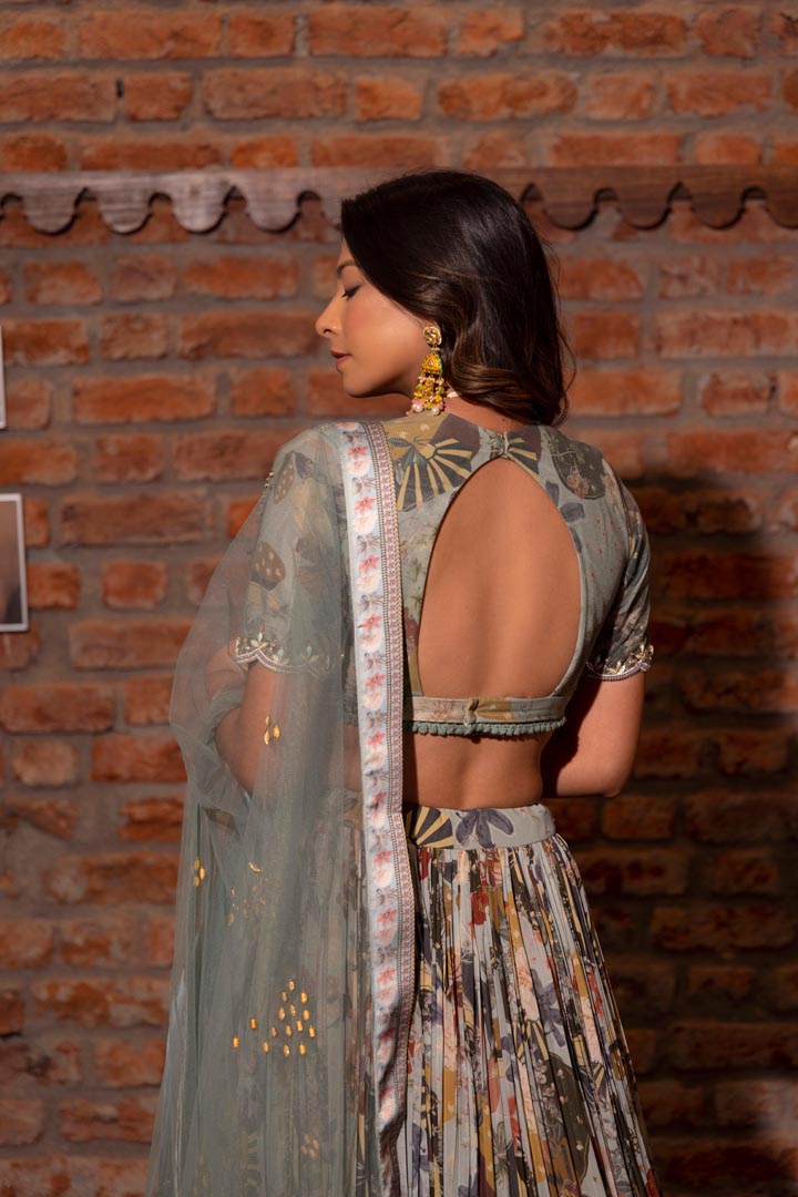 Grey Printed & Embroidered Lehenga Set