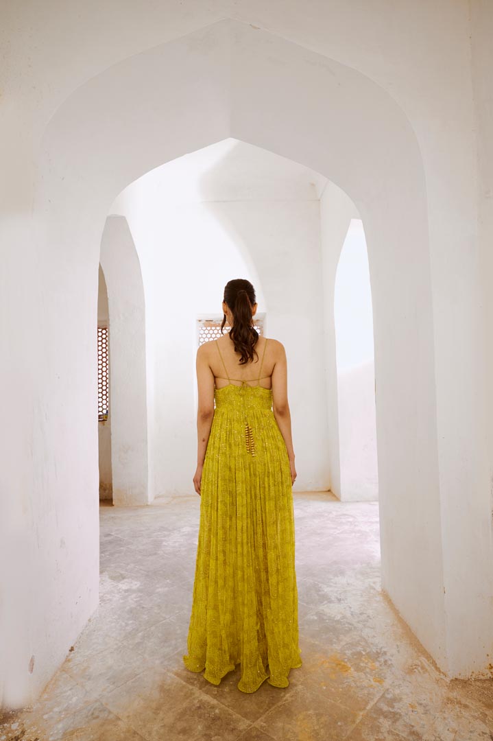 Image of Gulbahar Lemon green jugnu Bandeau Bodice maxi