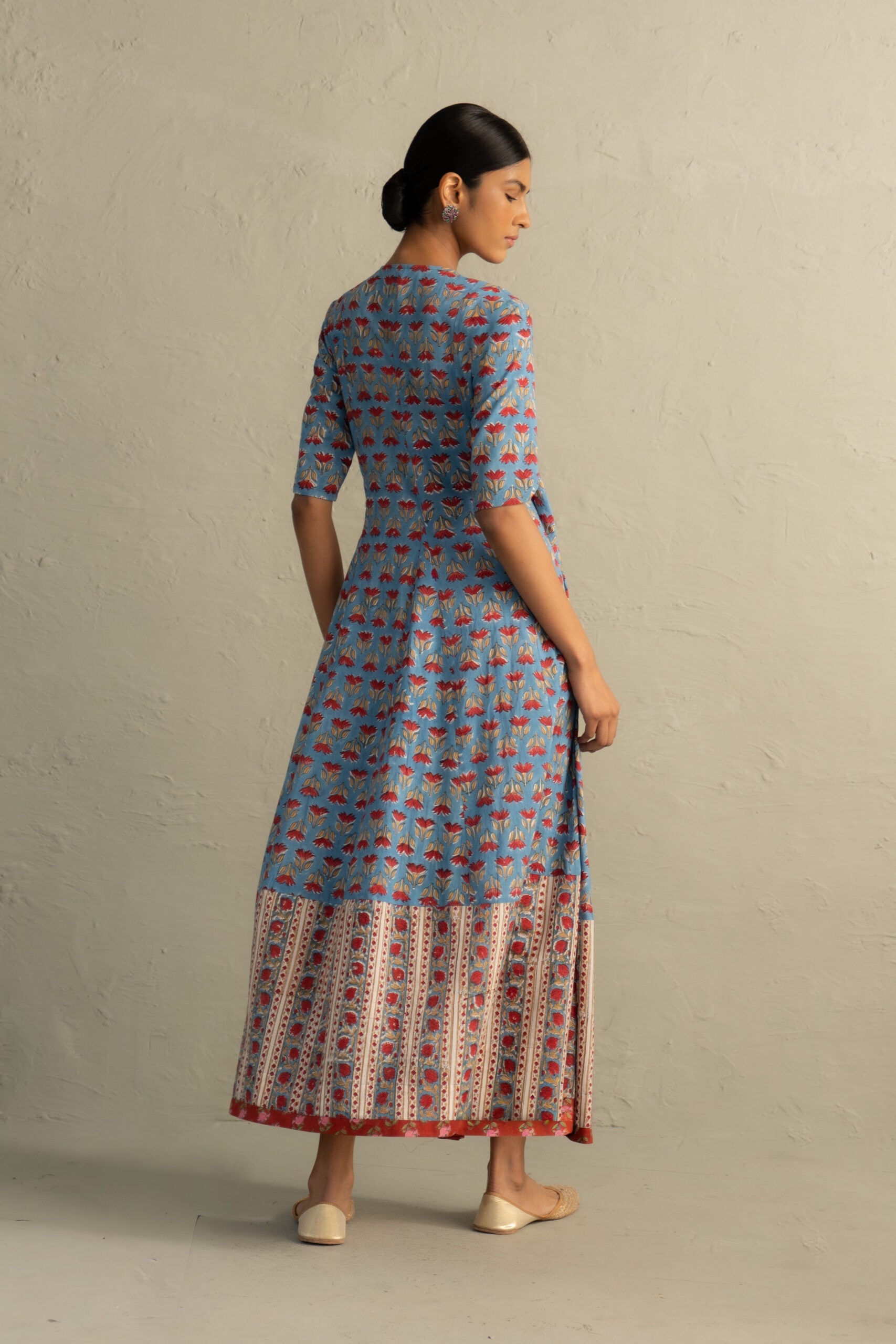 Blue Hand Block Wrap Around Dress