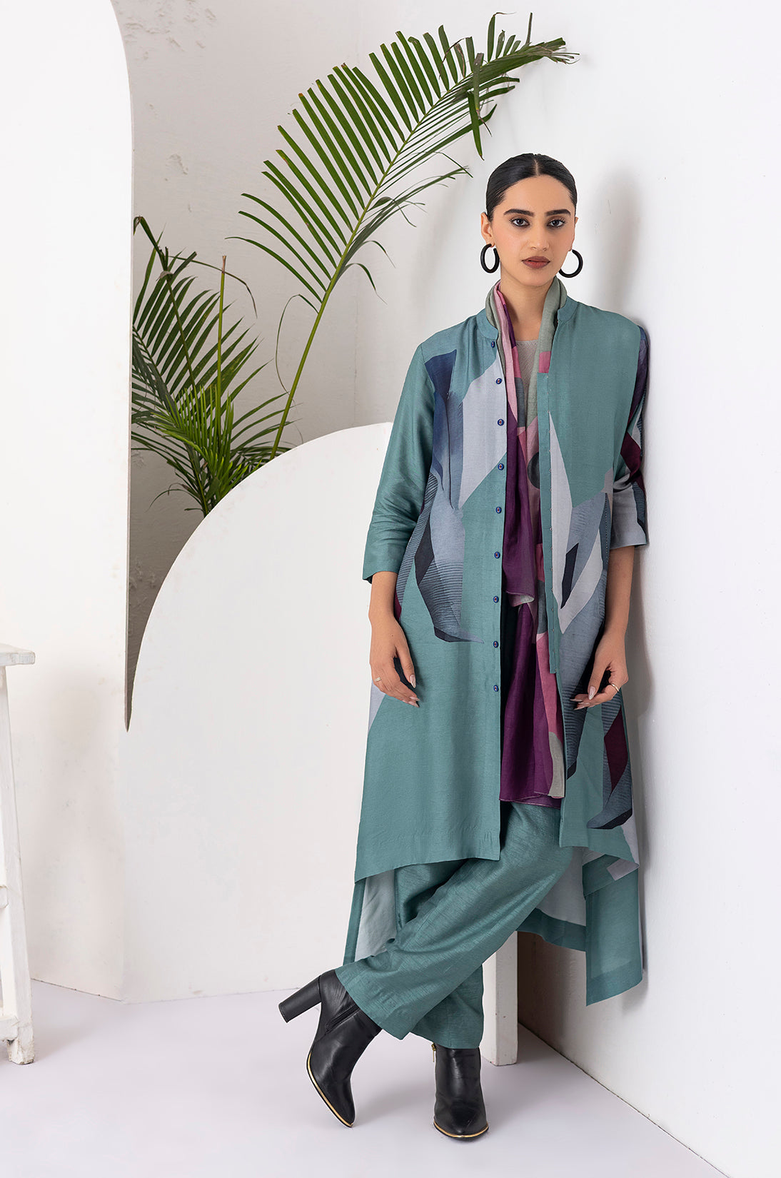 Sage Green Viscose Dupion Printed Dress (1 PC)