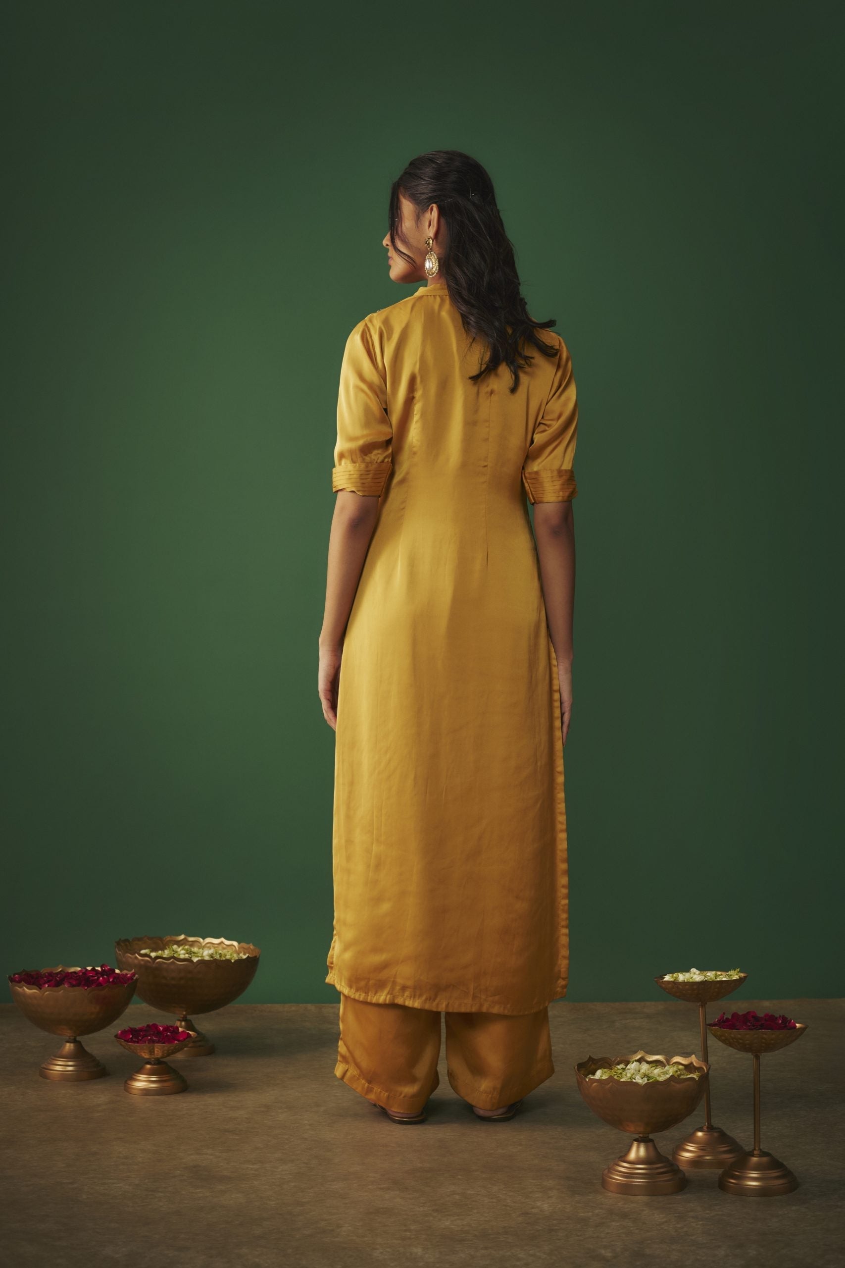 Image of MUSTARD YELLOW MUKAISH EMBRODIERED KURTA AND PANTS SET