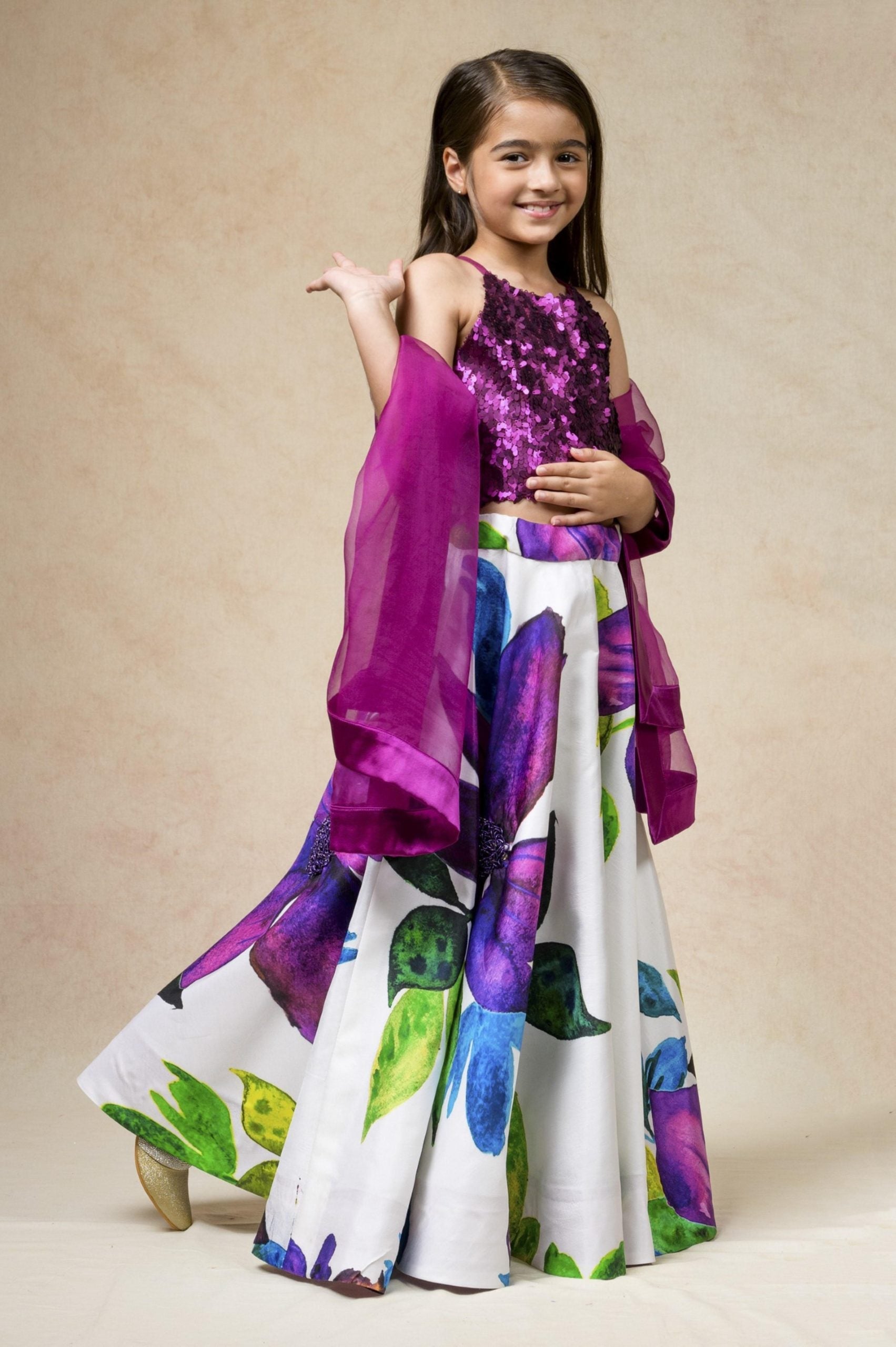 Hand embroidered silk lehenga with blouse, dupatta