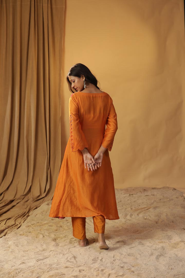 Image of ORANGE HANDPAINTED CHANDERI SILK SUIT SET