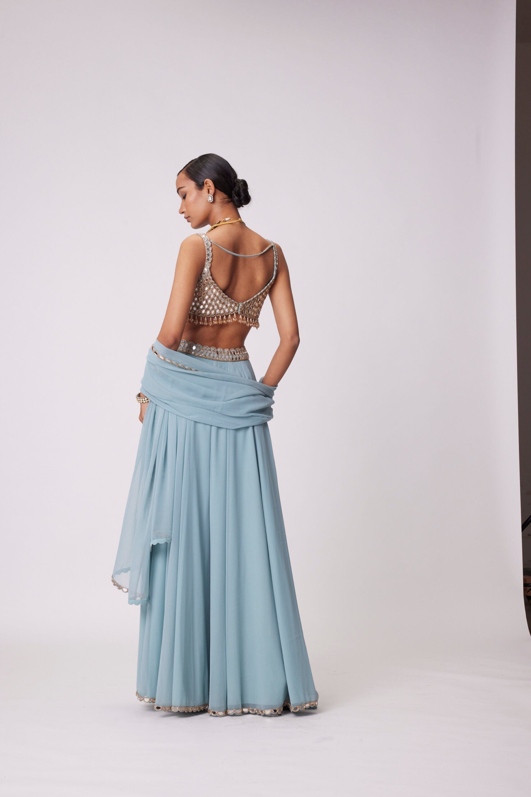 Image of POWDER BLUE MIRROR EMBROIDERED LEHENGA PANTS SET