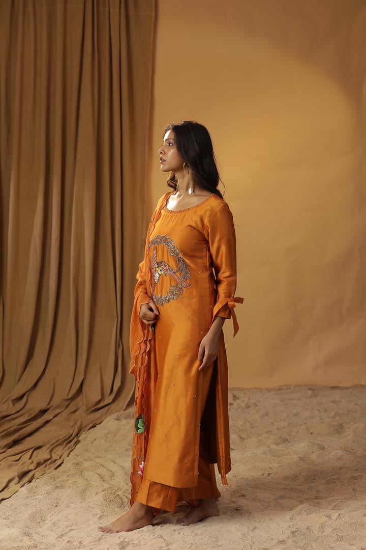 Image of RUST ORANGE BIRD EMBROIDERED SUIT SET