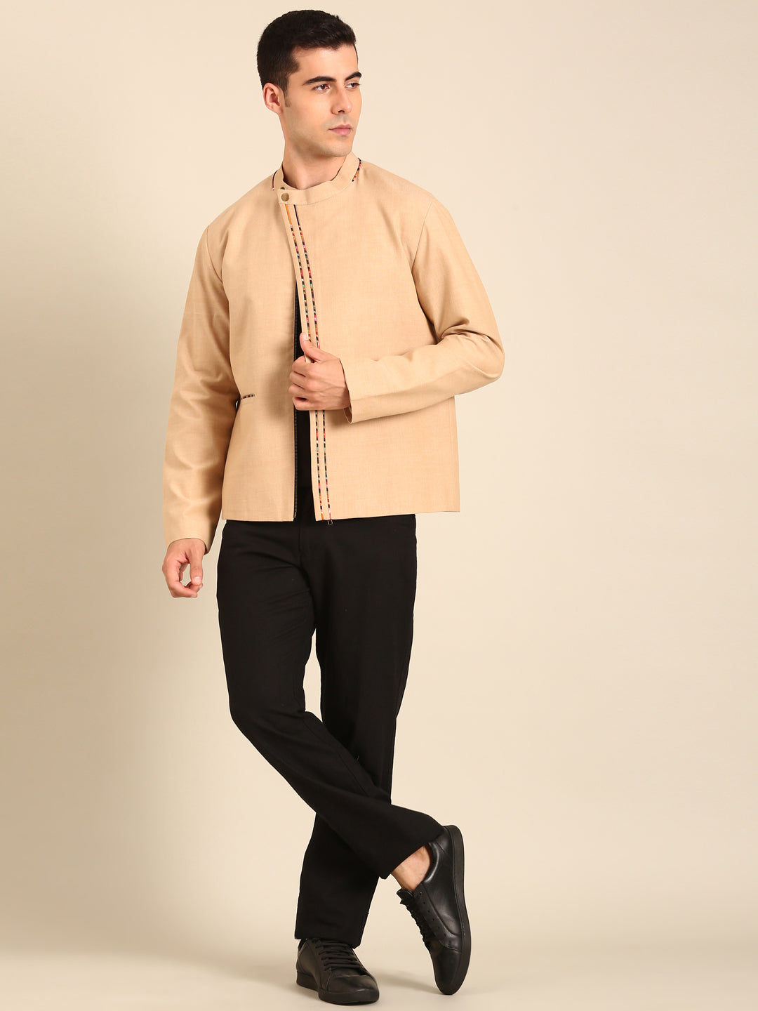 Beige -Print Malai Cotton Bomber Jacket