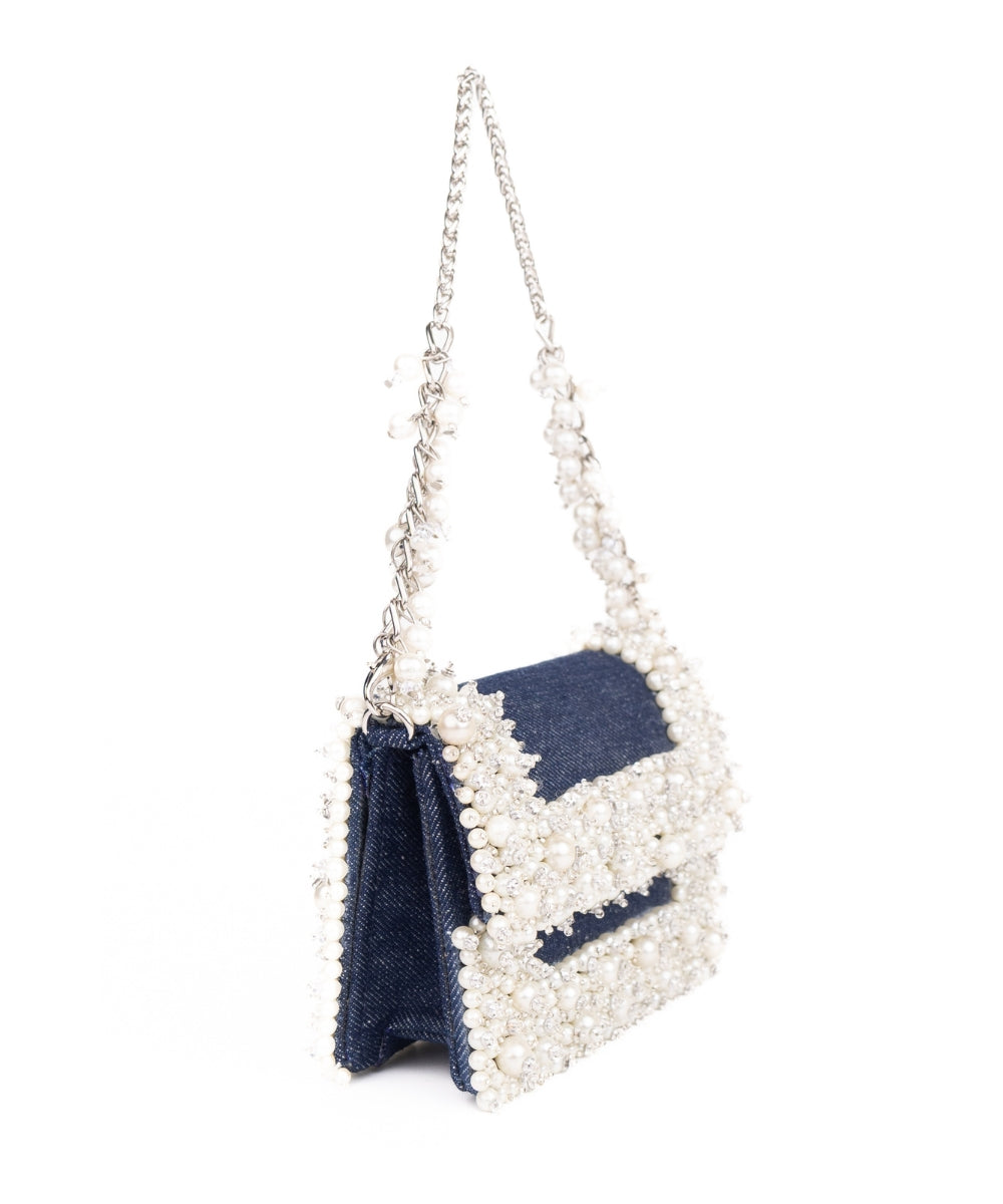 Elana Denim Pearl Embellished Mini Bag