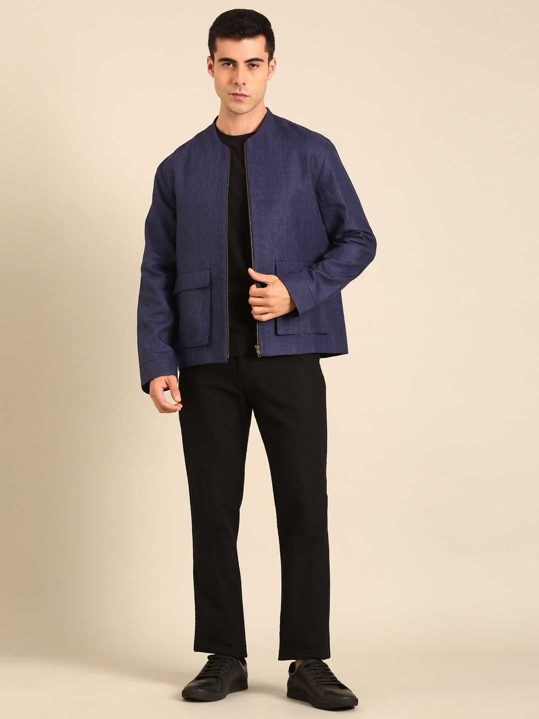 Blue 100% Linen Bomber Jacket