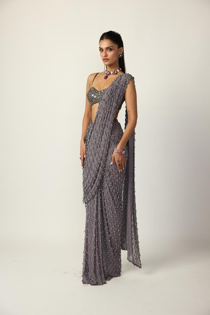 Metallic Grey Single Drop Draped Saree Set