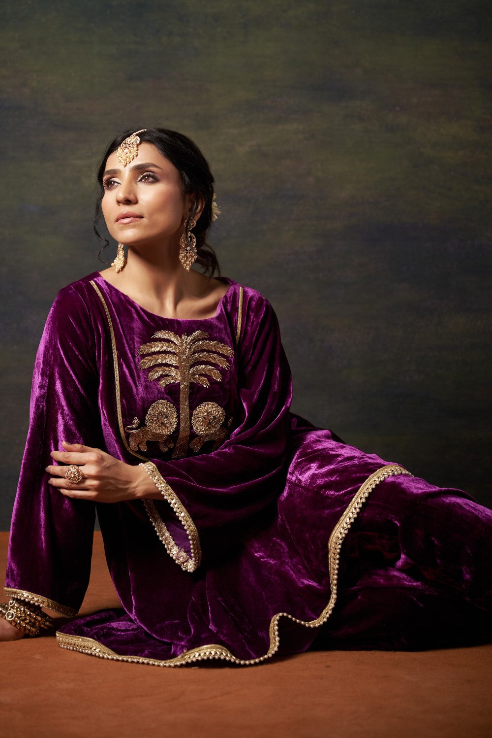 Hand-Embroidered Velvet Purple Kalidar Anarkali Set