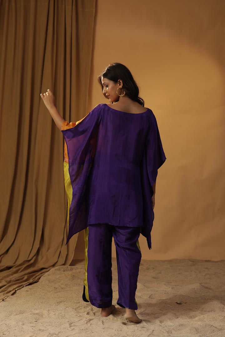 Image of PURPLE FLORAL BLOCK PRINT KAFTAN CO-ORD SET