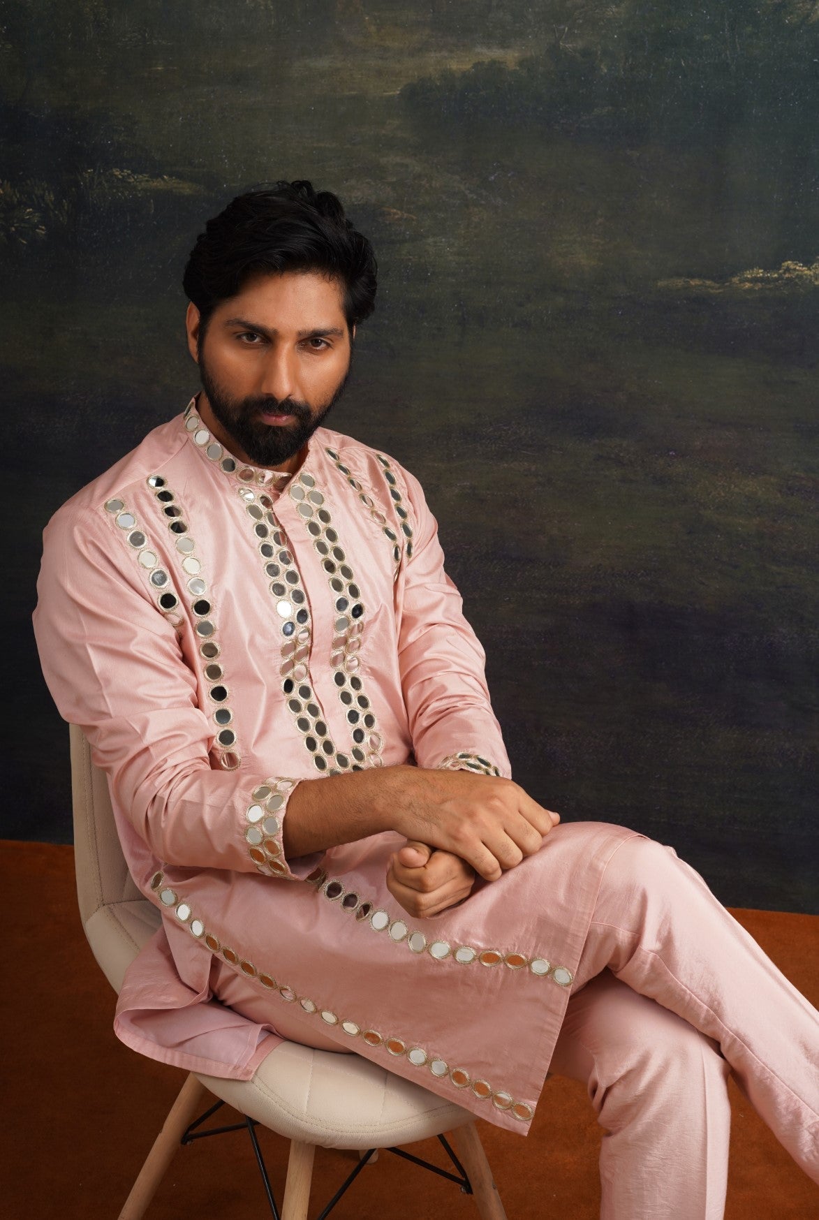 clay pink full hand embroidred mirror work kurta set