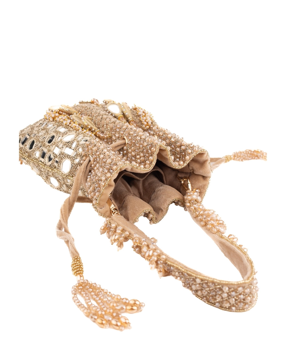 Tarah Gold Suede Mirror Embellished Potli