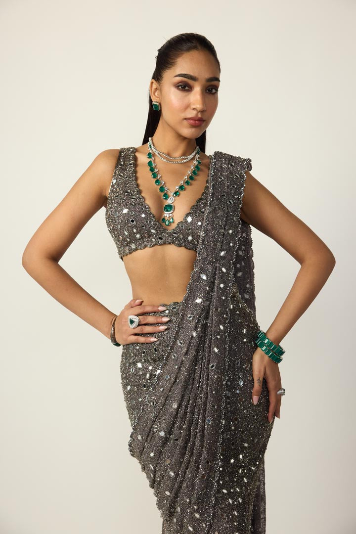Metallic Grey Draped Saree Set