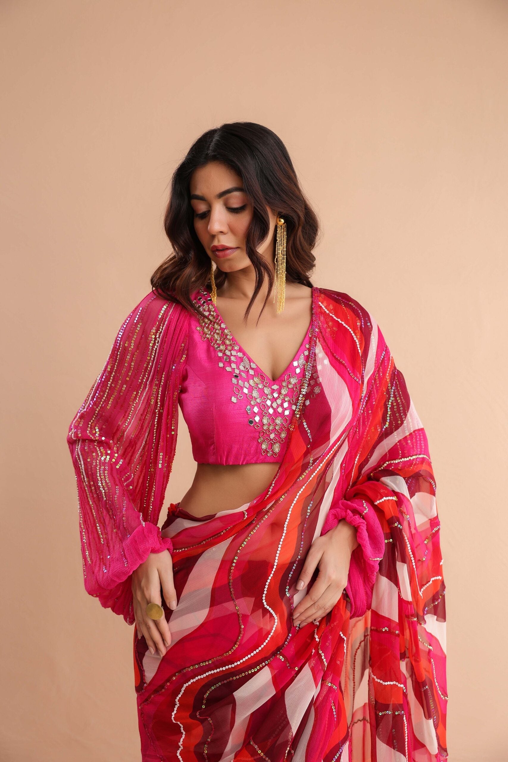 The  cosmo politian saree with bohemium blouse.