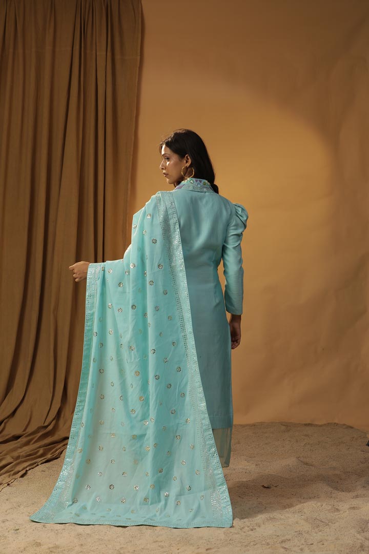Image of SKY BLUE BUTTERFLY HANDPAINTED SUIT SET