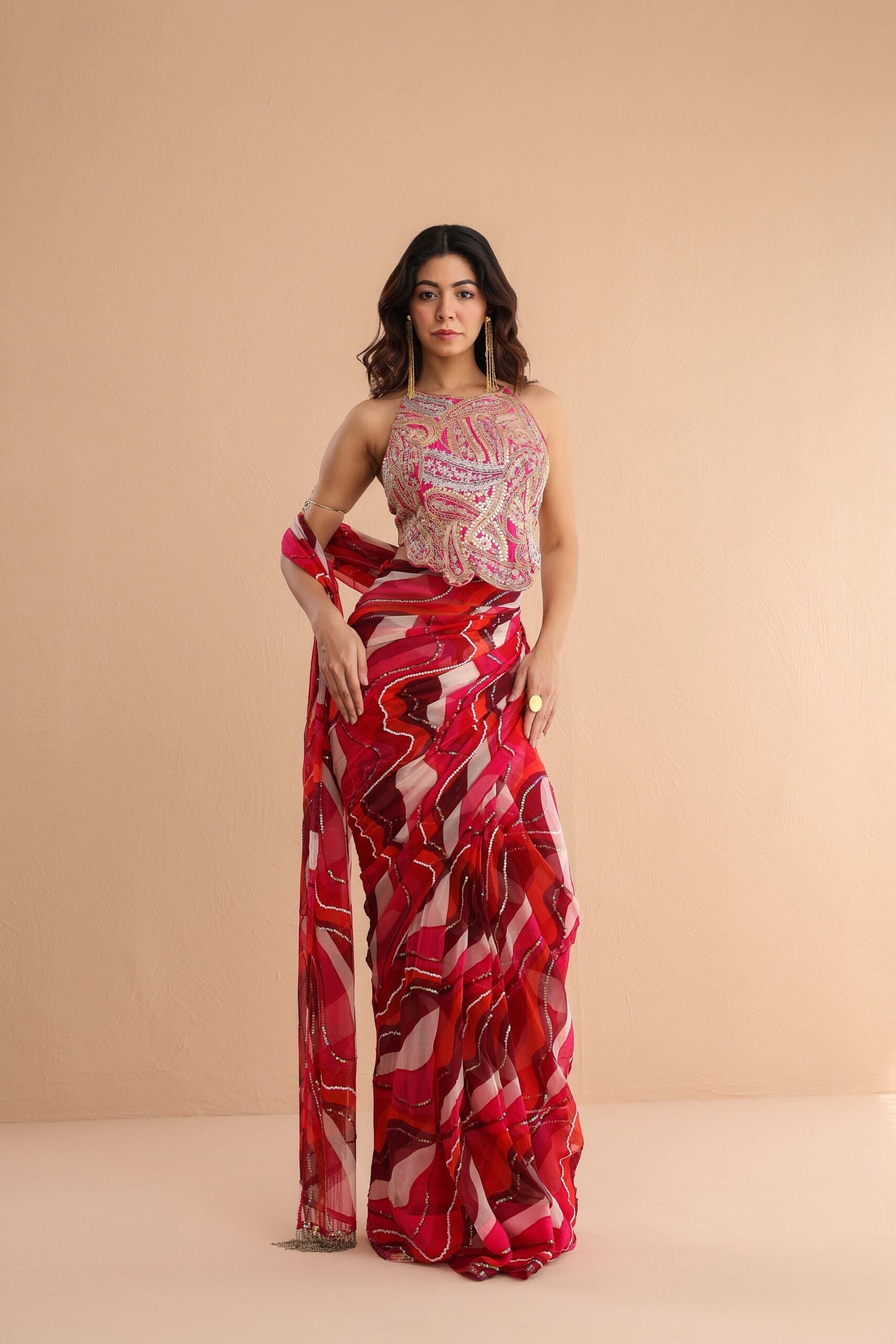 The cosmo politian saree with ambi backless blouse.