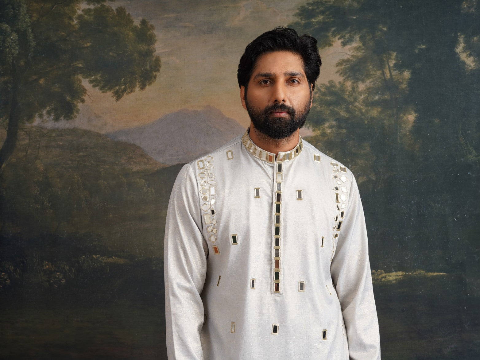 Frost grey gold fully hand embroidered mirror kurta set