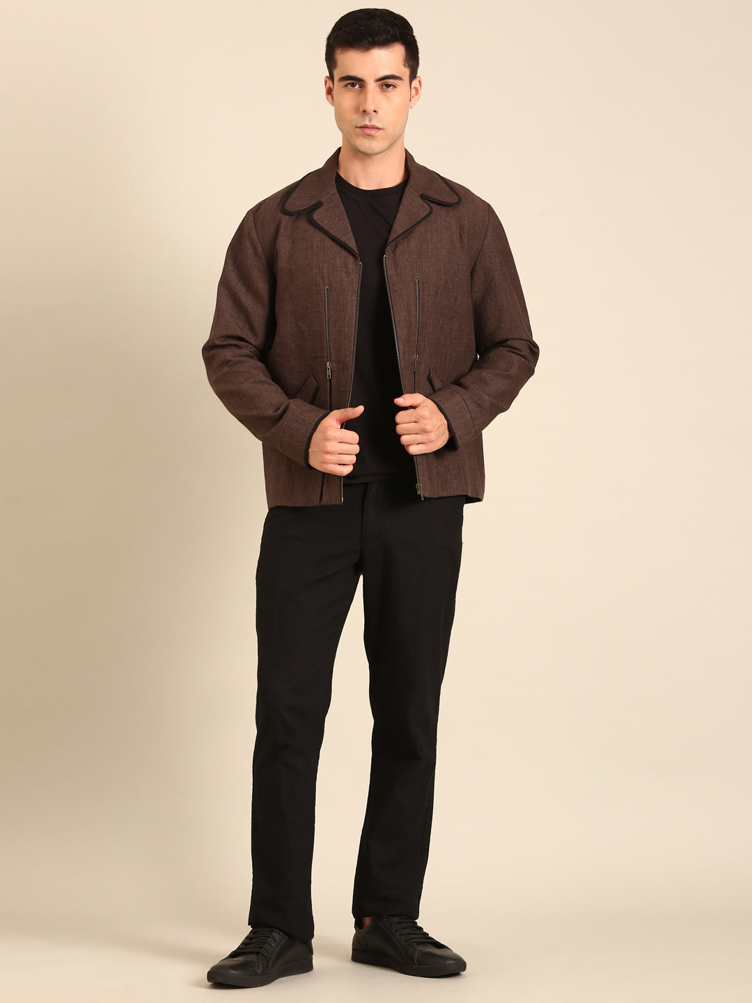 Brown 100% Linen Bomber Jacket