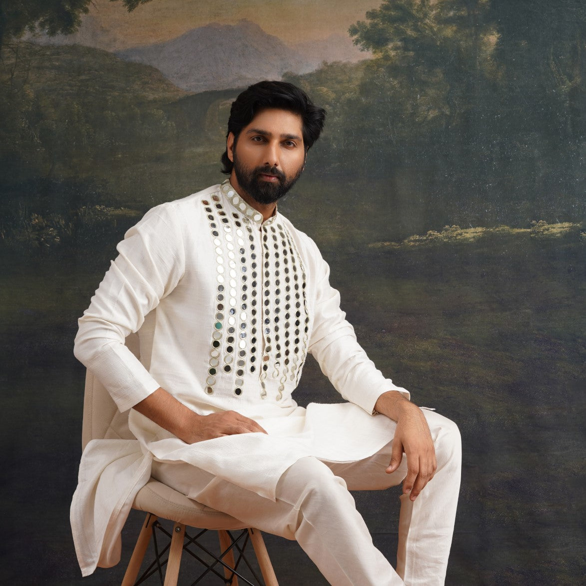 Hand embroidered ivory Mirror Work Kurta with Matching pant