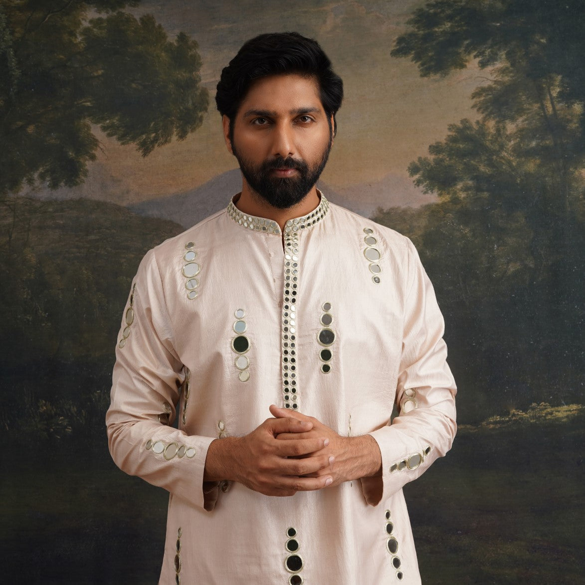 Beige hand embroidered Mirror Work Kurta with Matching Pant