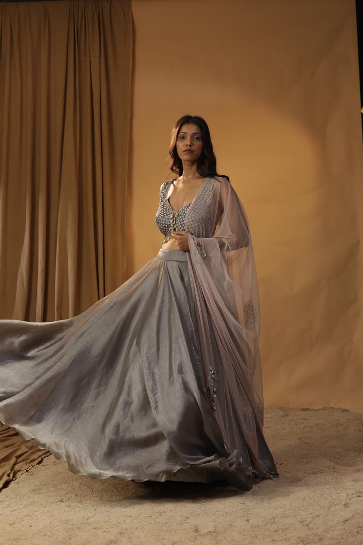 Image of GREY ORGANZA LEHENGA SET