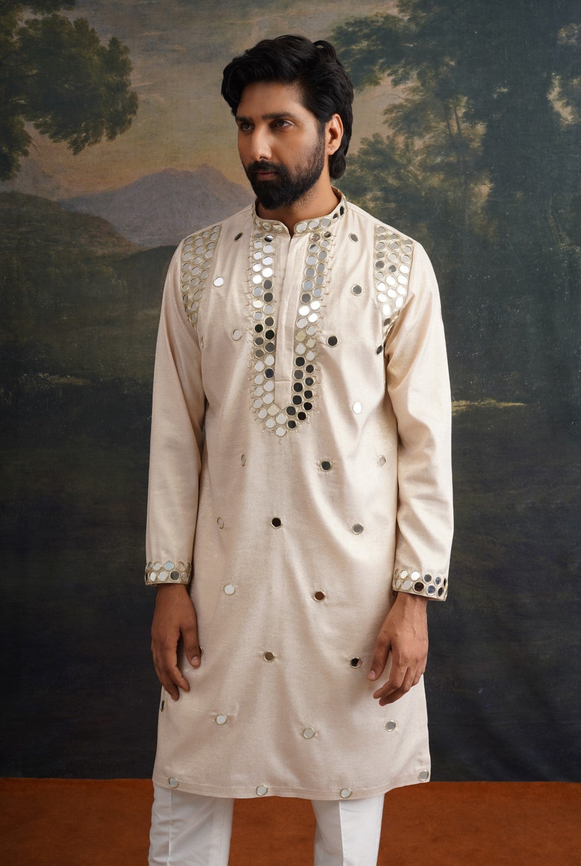 Ivory gold hand embroidred round mirror work kurta set
