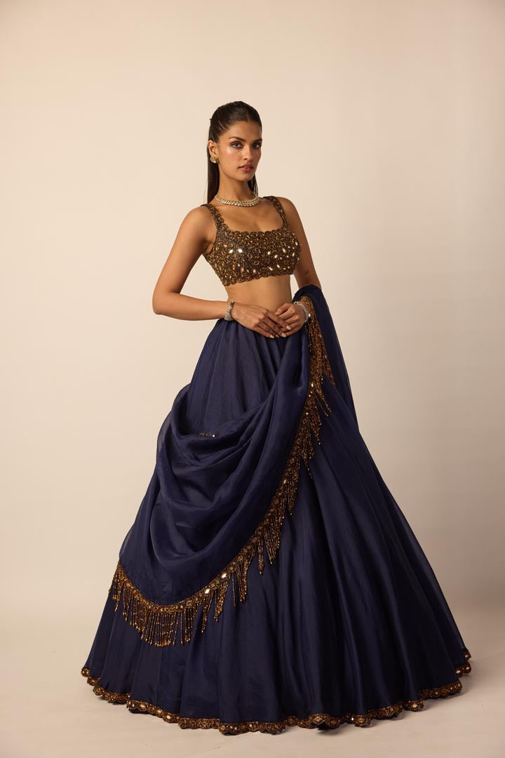 Deep Blue Tassel Dupatta Lehenga Set