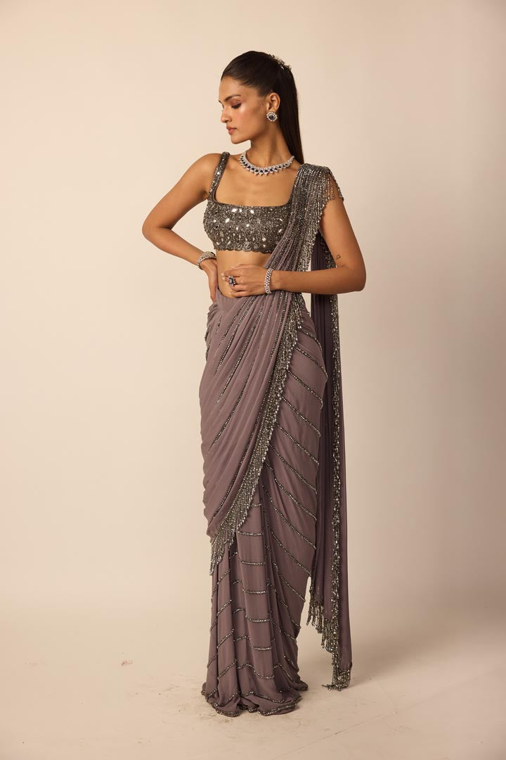 Metallic Grey Linear Draped Saree