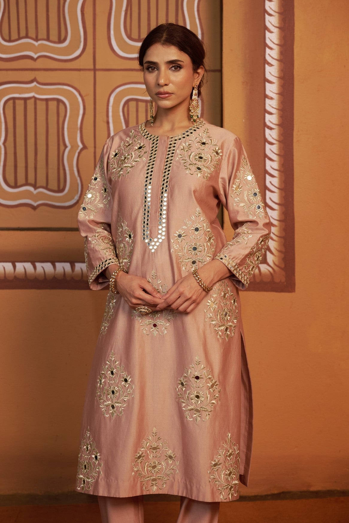 Maati - Onion pink jari buttis with mirror work kurta set