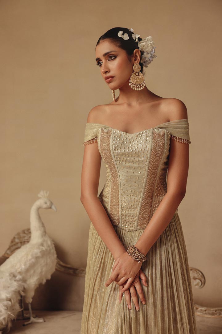 Gold Hand Embroidered Corset Pearl Lehenga