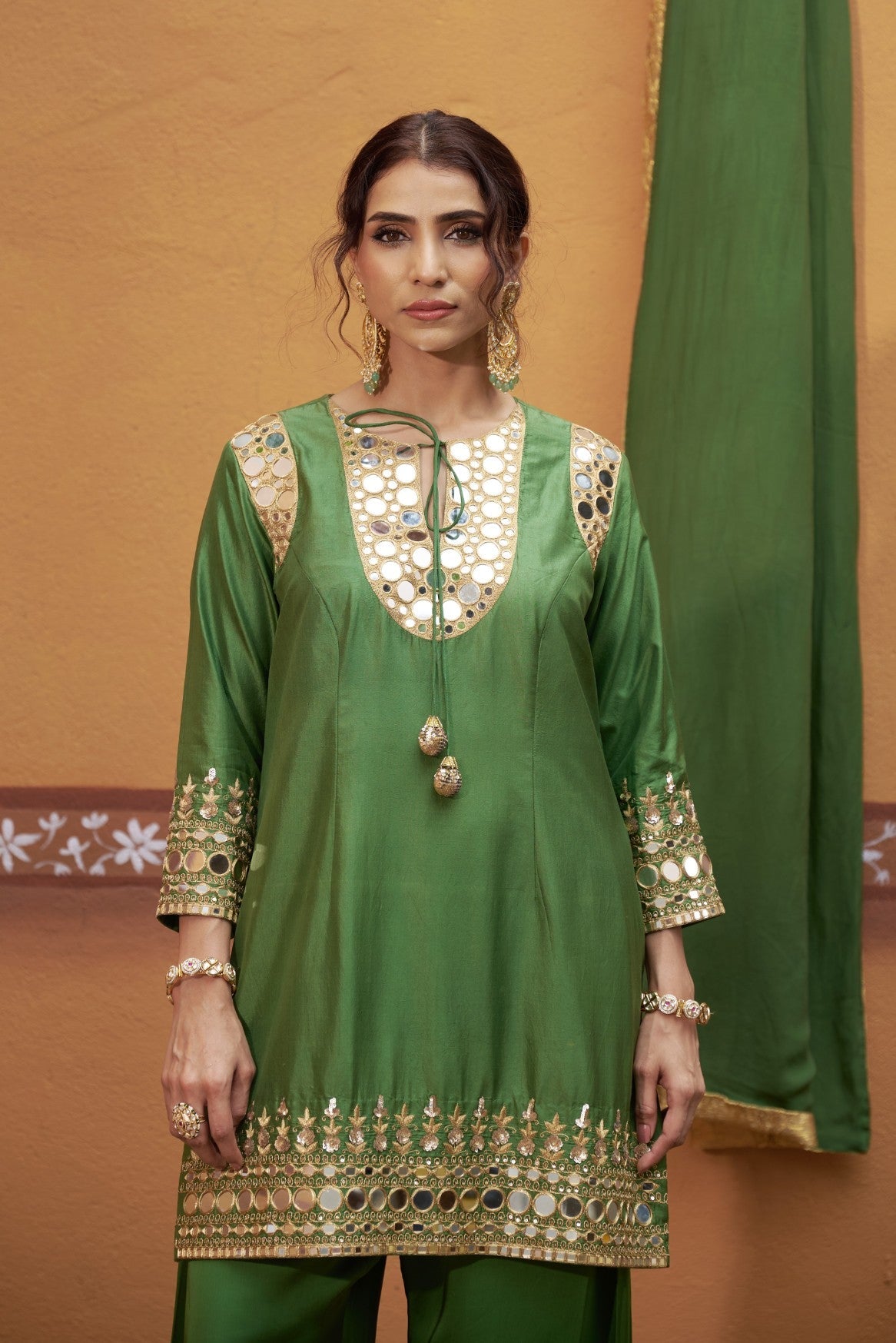 mirror work hand embroidry  green kurta set