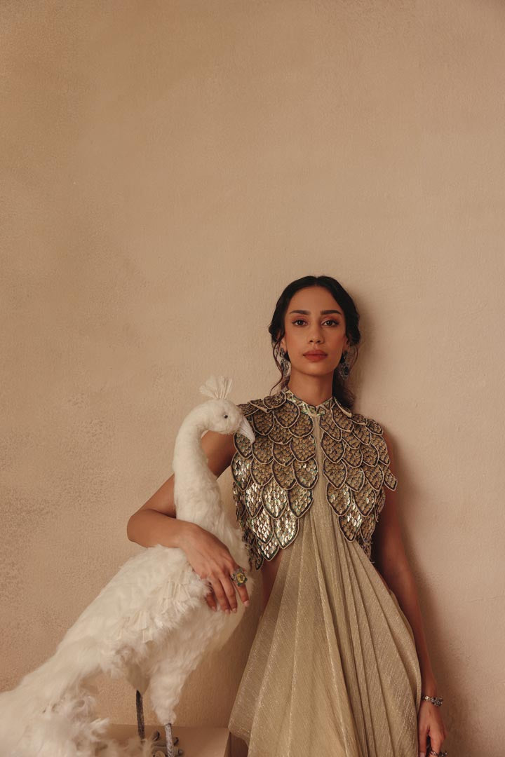 Gold Hand Embroidered Feathers Draped Saree Gown