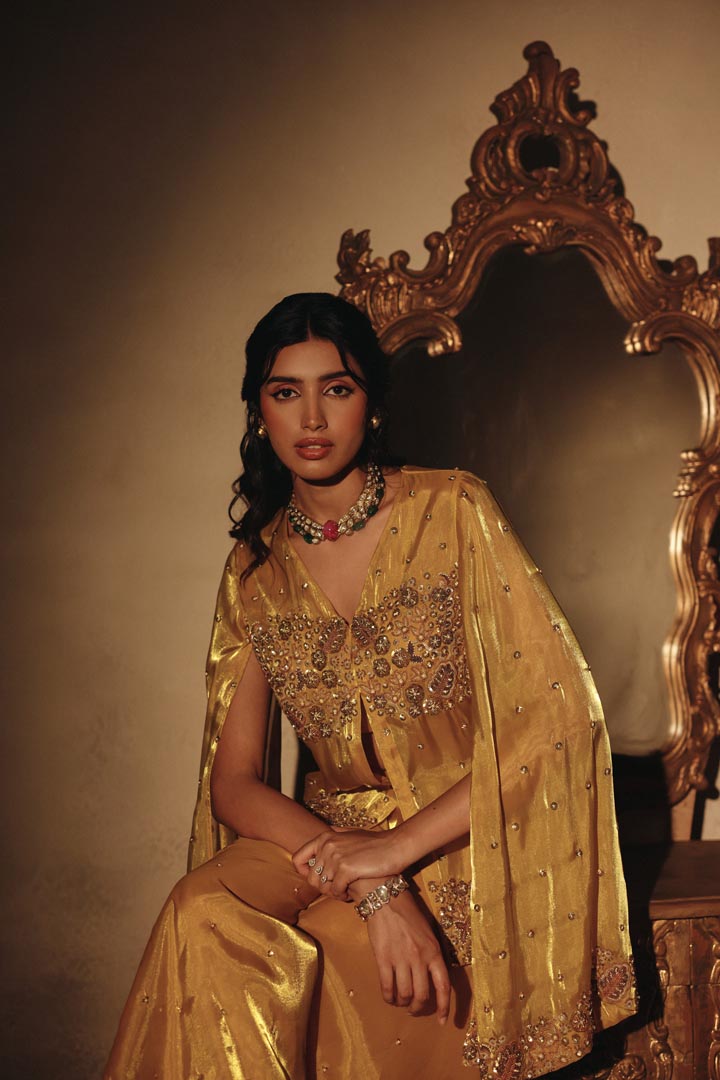 Yellow Shimmer Hand Embroidery Drape Sleeves Jacket