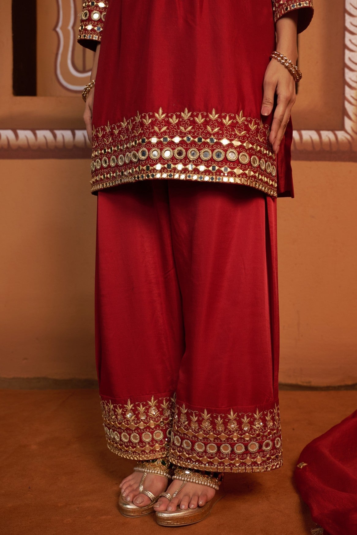 mirror work hand embroidry  red kurta set