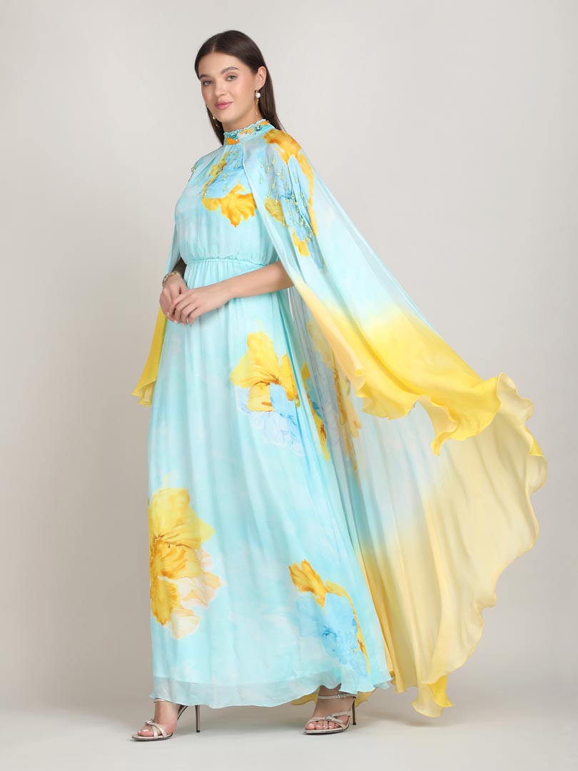 Aurora Bloom Tonal Teal placement print dress