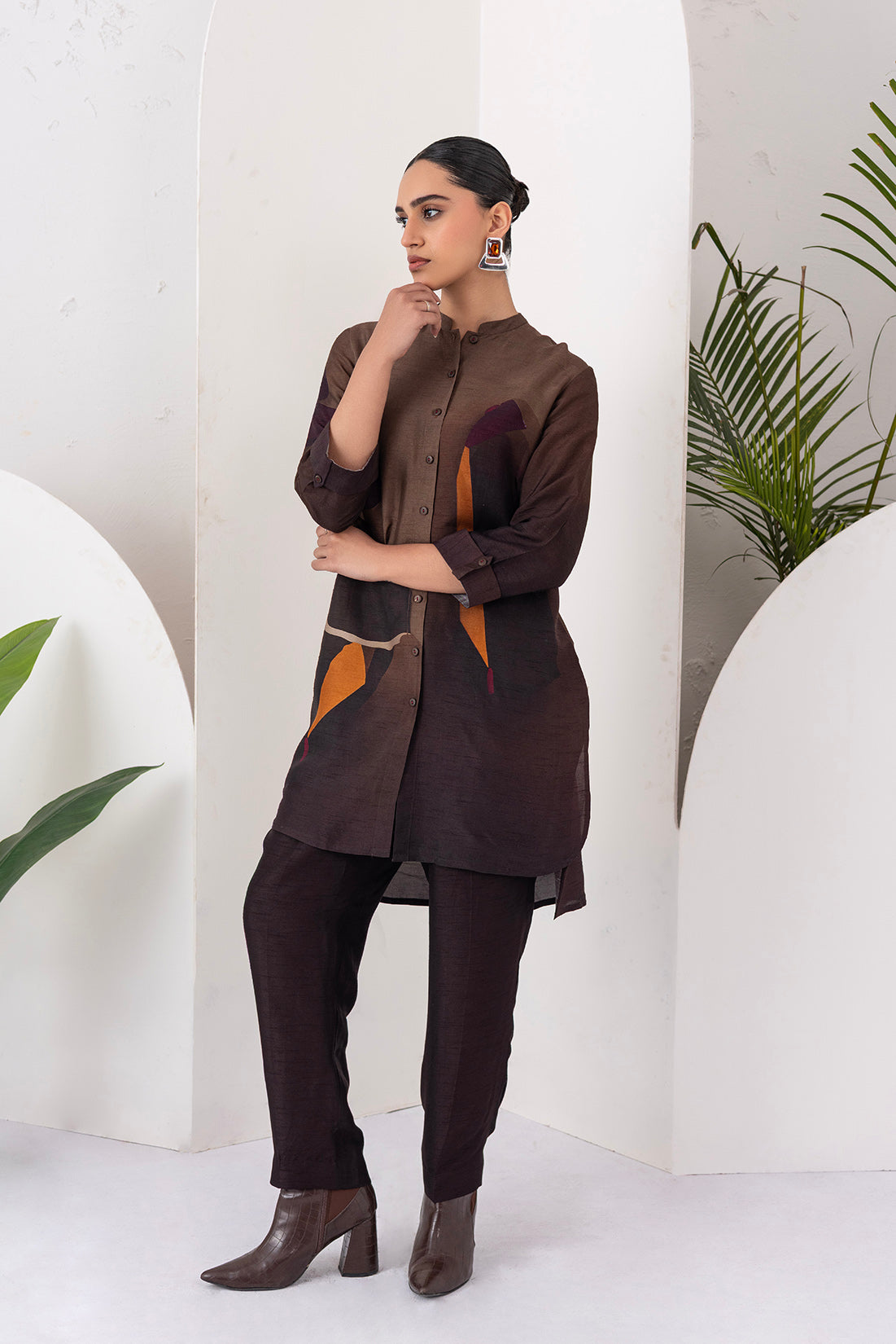 Shades Of Brown Viscose Dupion Printed Shirt Style Tunic (1 PC)