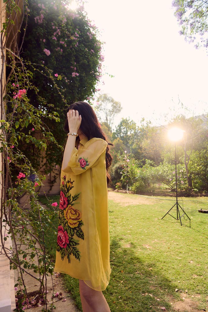 MUSTARD ORGANZA CROSS STITCH DRESS