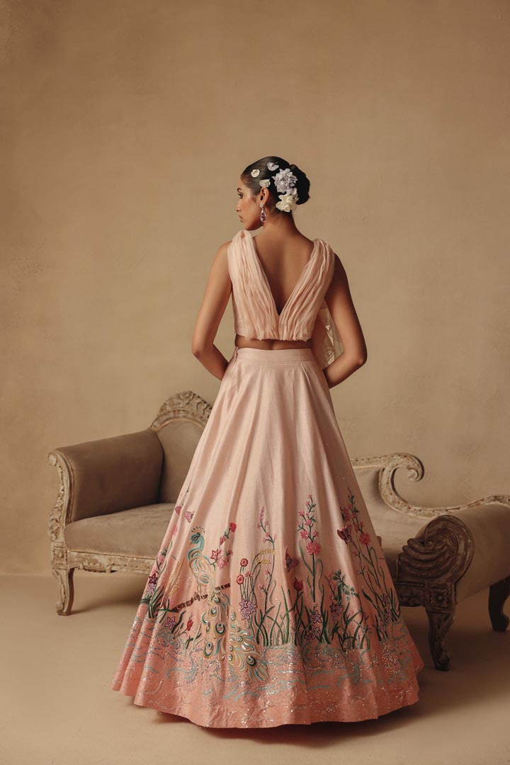 Pink Dreamy Hand Embroidery with Drape Blouse Lehenga