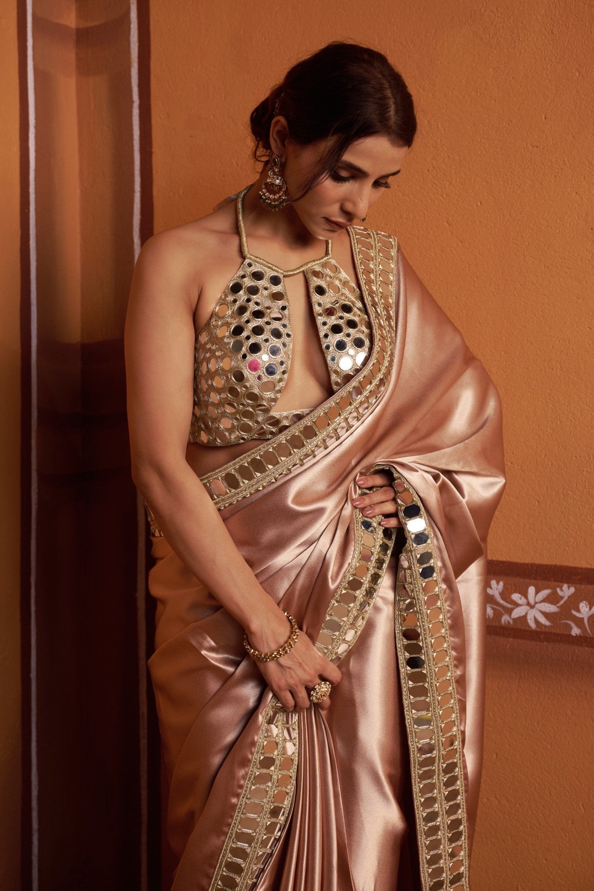 Clay tone fully hand embroidered blouse with mirror work border saree