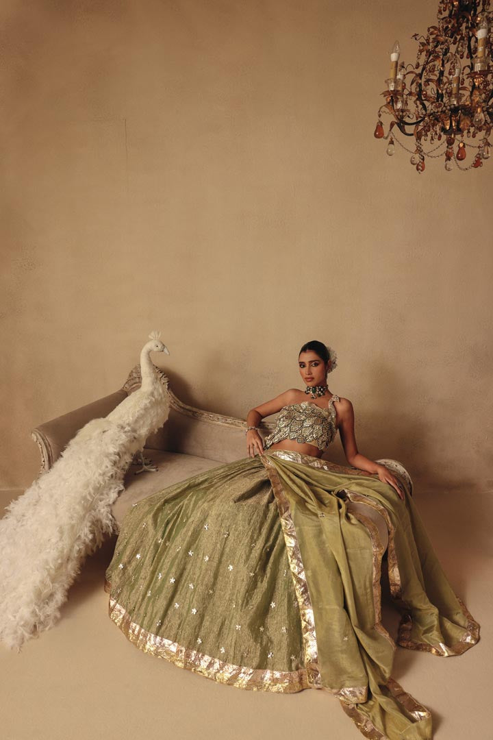 Green Peacock Hand Embroidery Lehenga