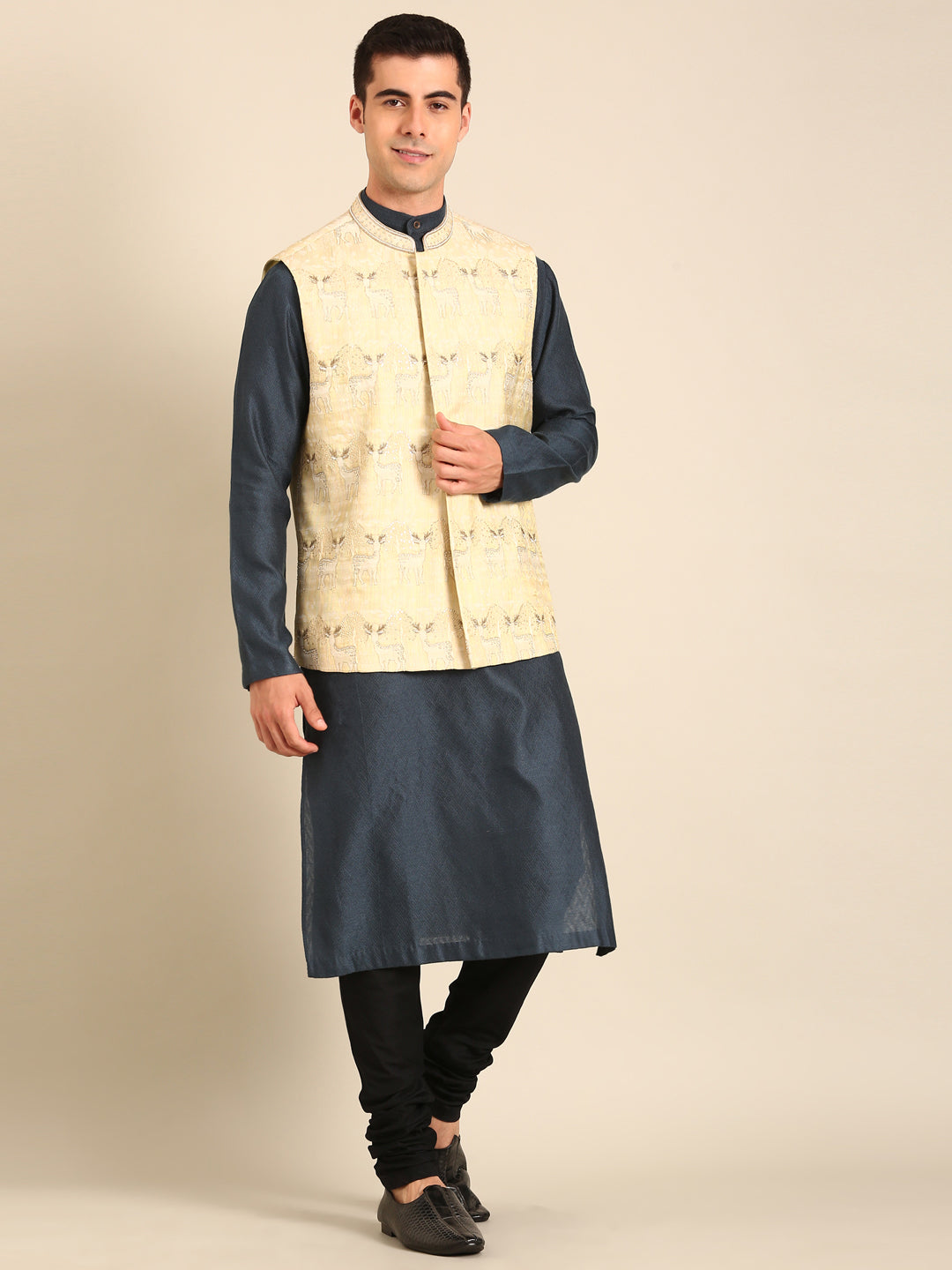 Green-Gold Silk Jacquard Nehru Jacket