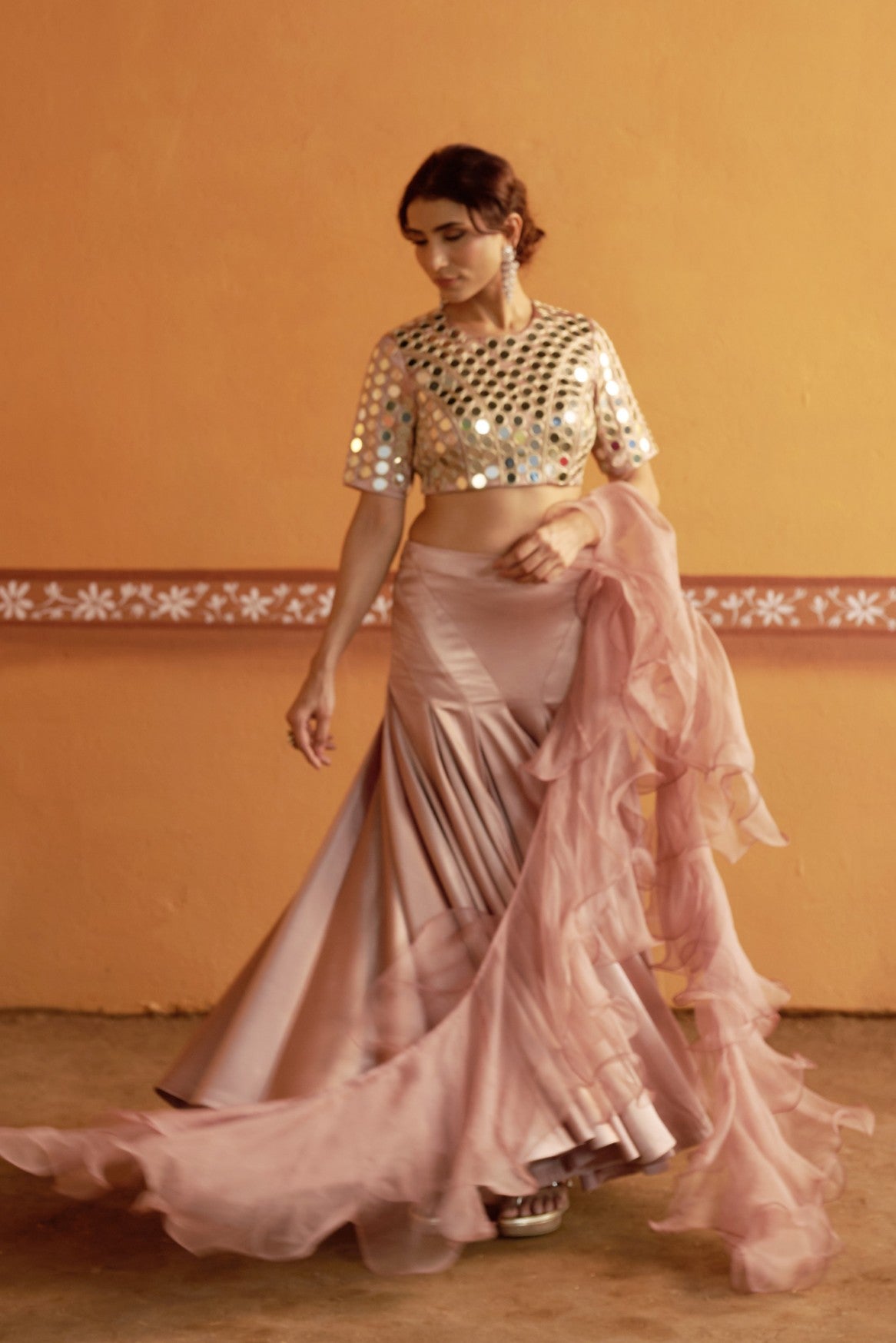 Hand-Embroidered Mirror Work Blouse with Blush Pink Kalidar Lehenga & Ruffle Dupatta