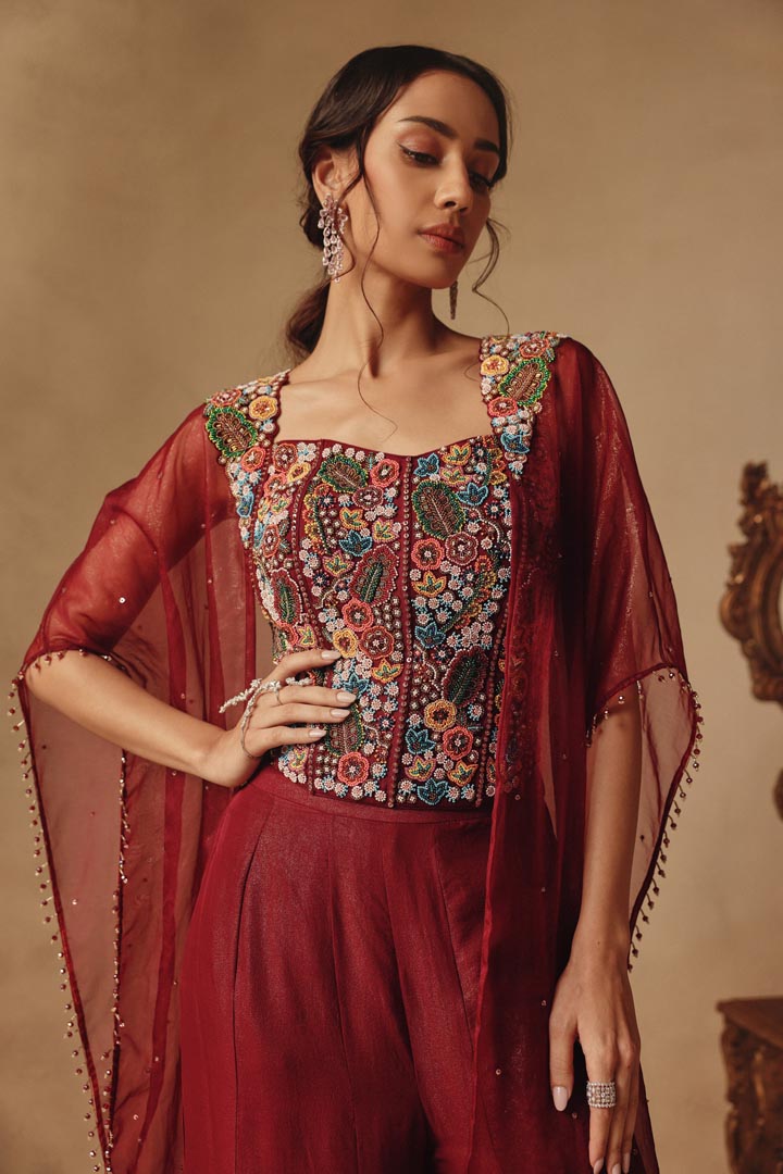 Wine Cape with Hand Embroidery corset along with Sharara pants