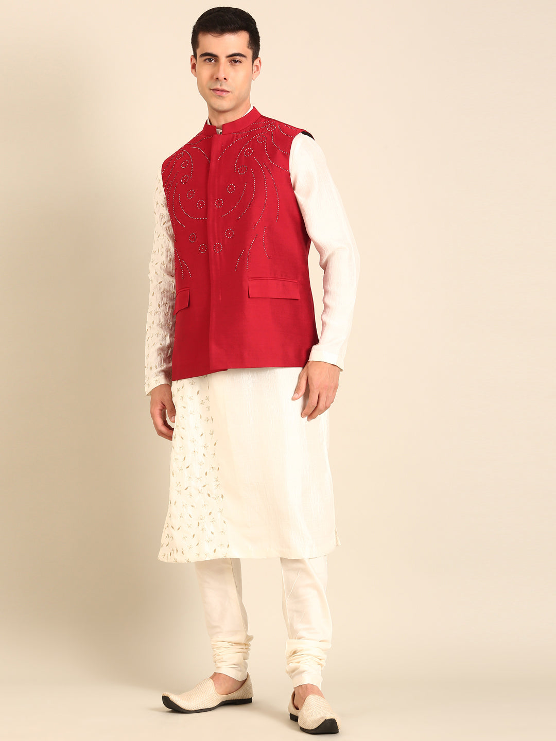 Red Silk Cotton Nehru Jacket