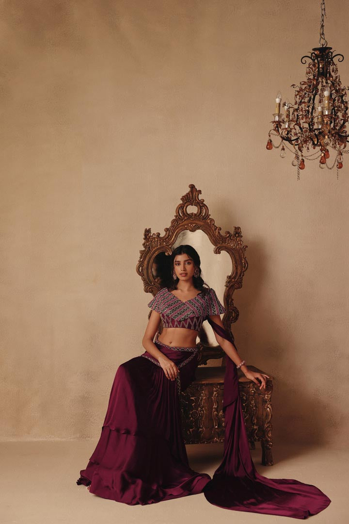Wine Hand Embroidery Saree with Drape Skirt