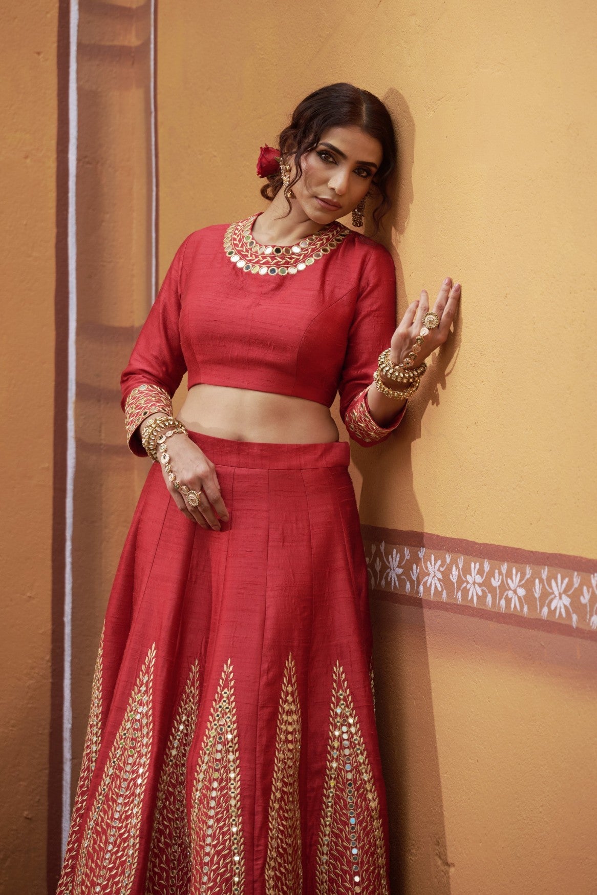 Kalidar red hand embroidered lehenga with blouse and dupatta