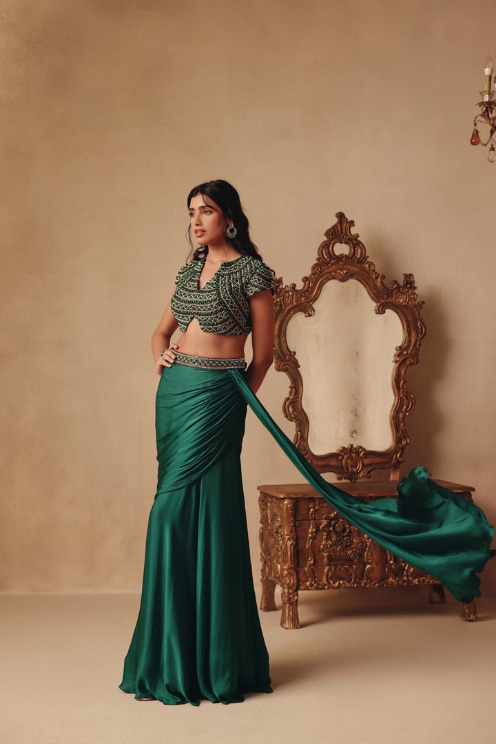 Emerald Cocktail Hand embroidered Drape Skirt set