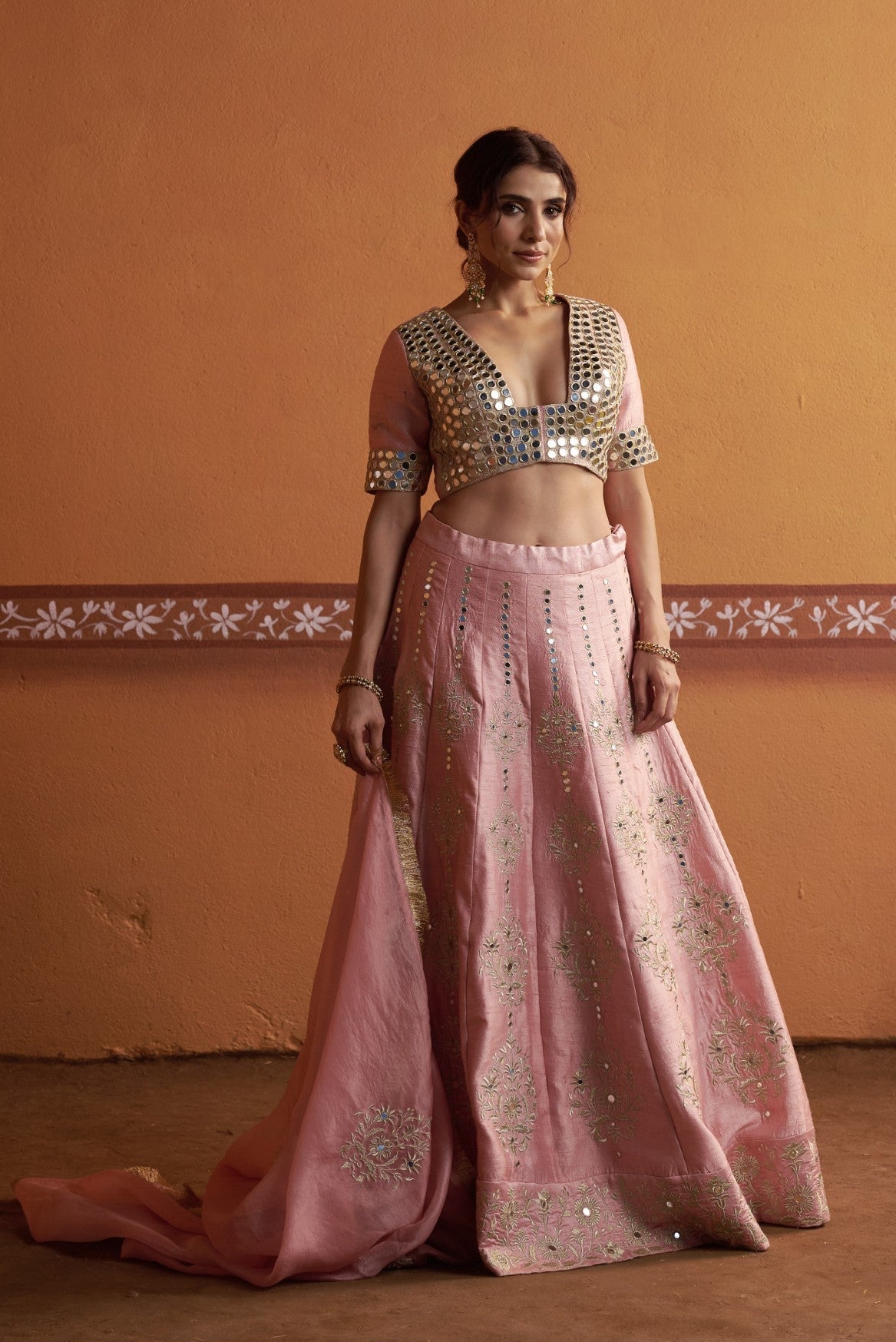 Kalidar blush pink hand embroidered lehenga with blouse and dupatta